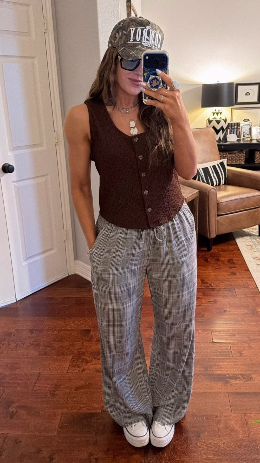 Casual date night outfit inspo plaid flannel pants @converse platform hi tops @freepeople necklace @amazon hat

*Exact top is old from @target