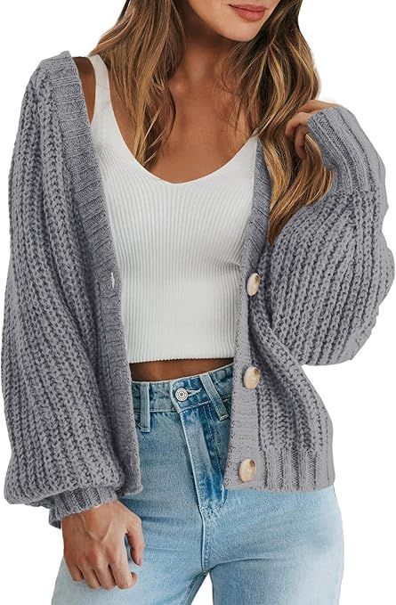 Caracilia Women's Chunky Cardigans Sweaters Open Front Long Sleeve Cute Knit Button Loose Short C... | Amazon (US)
