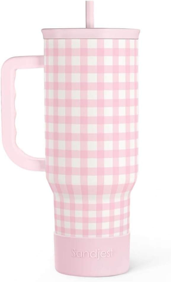 SANDJEST Pink Gingham 40oz Slider Tumbler with Handle and Straw - Insulated Stainless Steel Trave... | Amazon (US)