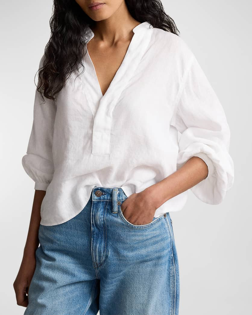 Blouson-Sleeve Linen Blouse | Neiman Marcus