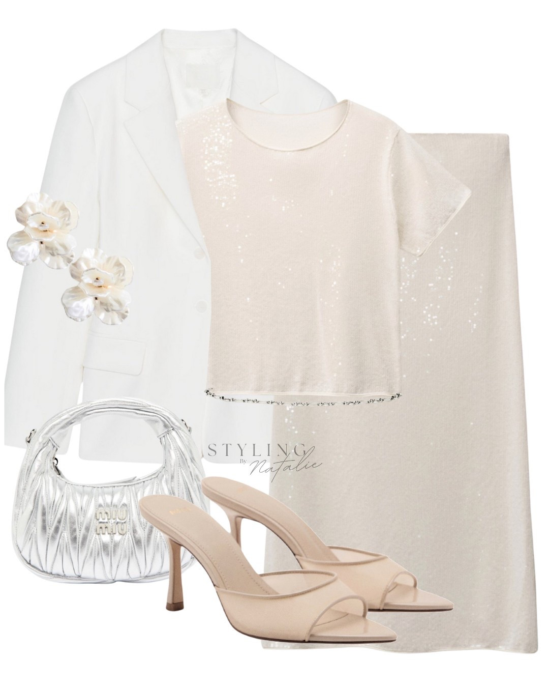 Sequin t-shirt and matching midi skirt with chain belt, white blazer, nude shoes and metallic bag. Weekend look, going out outfit, date night. 

#LTKuk #LTKspring #LTKstyletip