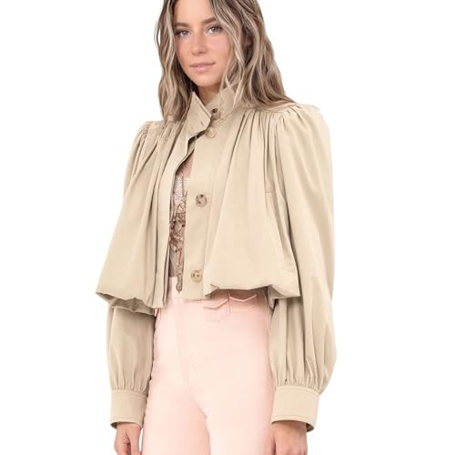 Xunger Women's Gathered Stand Collar Cropped Jacket Button Front Long Sleeves Streetwear Casual Short Outerwear with Pockets(1124-Khaki-M-RD) | Amazon (US)