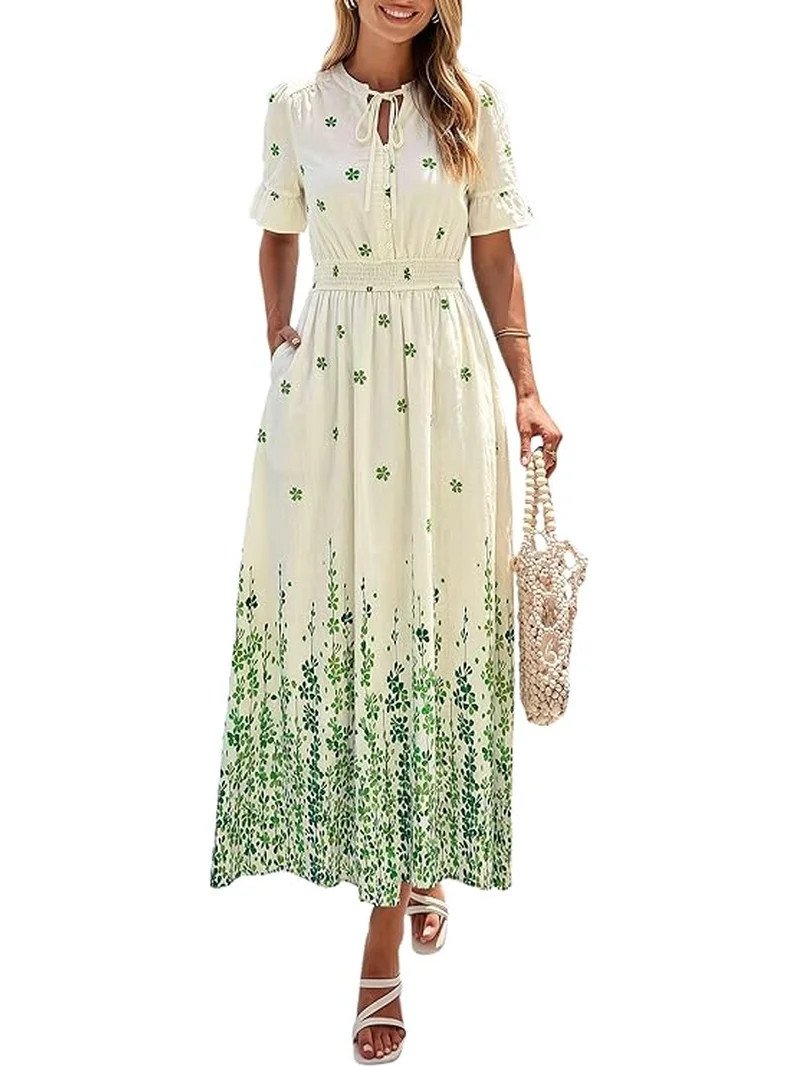 PRETTYGARDEN Women's Boho Floral Maxi Dress Summer Short Sleeve Tie V Neck Spring Wedding Guest F... | Walmart (US)