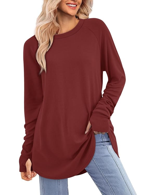 ATHMILE Womens Tunic Tops Long Sleeve Thumb Hole Shirts Fall Sweater Crew Neck Winter Fashion Clo... | Amazon (US)
