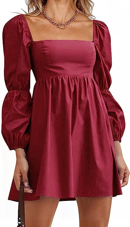 PRETTYGARDEN Women's Fall Long Puff Sleeve Babydoll Dress Casual Square Neck Elastic Waist Ruffle... | Amazon (US)