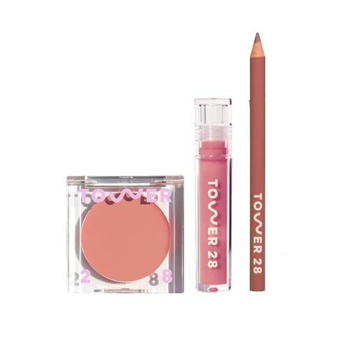 Tower 28 Lip + Cheek Best Sellers - Shine One Lip Gloss Jelly in Pistachio, BeachPlease Cream Blush in Magic Hour, + OneLiner in Work of Art - Everyday Makeup Kit for Sensitive Skin (3 Count) | Amazon (US)
