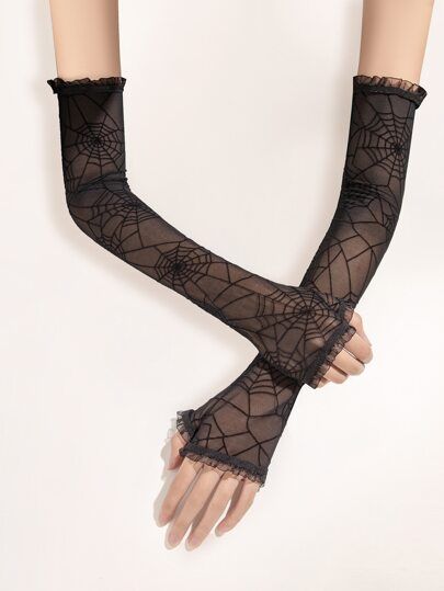 Spider Web Pattern Lace Open Finger Gloves | SHEIN