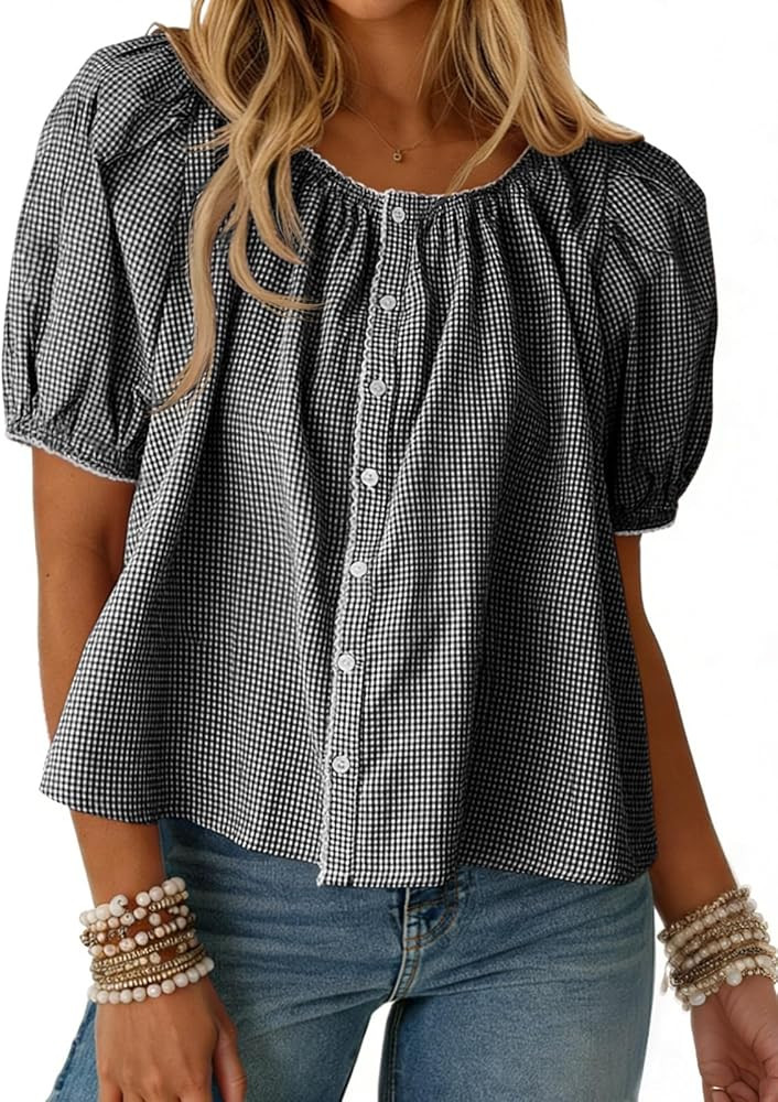 Tankaneo Womens Puff Sleeve Gingham Blouse Summer Plaid Crew Neck Cute Tops Trendy Casual Button ... | Amazon (US)