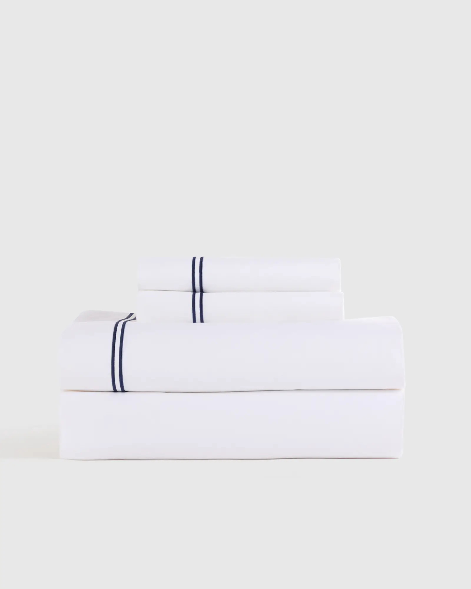 Classic Organic Percale Embellished Sheet Set in White/Navy | Quince