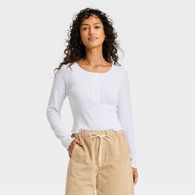 Women's Long Sleeve Pointelle Henley Shirt - Universal Thread™ | Target
