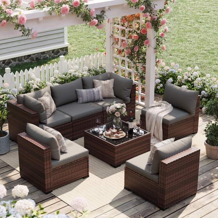 UDPATIO 7-Piece Rattan Outdoor Conversation Set with Glass Coffee Table, Grey | Walmart (US)