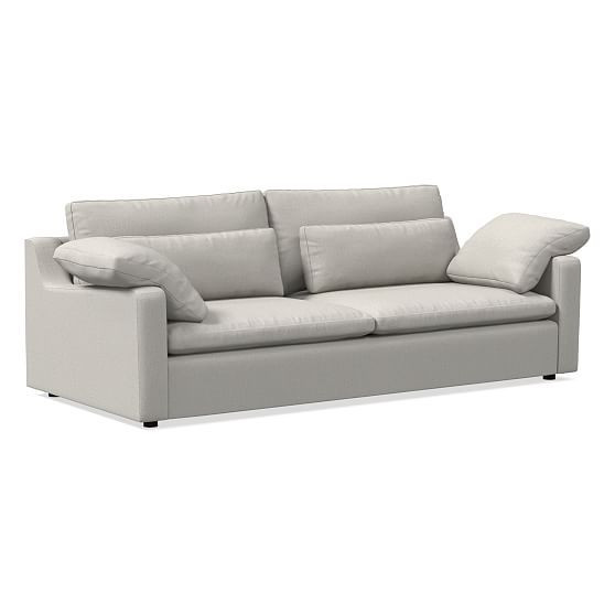 Harmony Swoop Arm 92"" Sofa, Down Fill, Yarn Dyed Linen Weave, Frost Gray, Dark Walnut | West Elm (US)