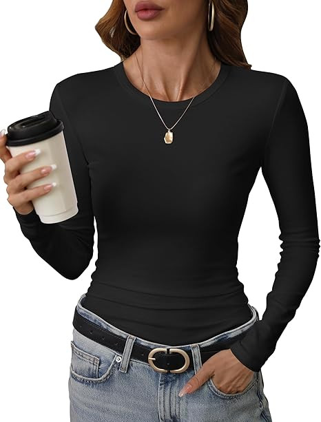 GEMBERA Womens' Crewneck Long Sleeve Slim Fitted Casual Top T-Shirts Stretchy Basic Shirt | Amazon (US)