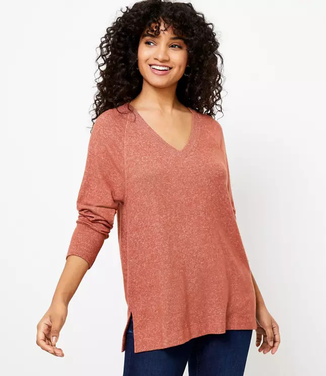 Rib Trim V-Neck Long Sleeve Tee | LOFT