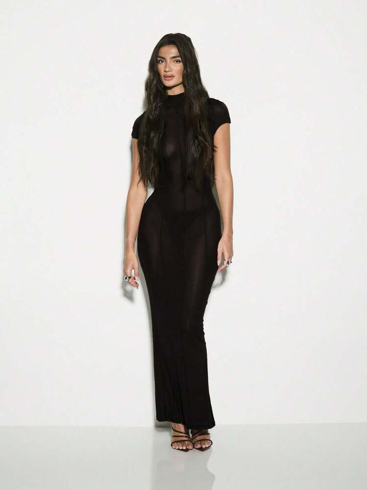 KIZN Short Sleeve Turtleneck Bodycon Maxi Dress Mesh Slim Fit Long Evening Gown Holiday Party Club Dinner Stretchy Full Length Business Casual Woman | SHEIN