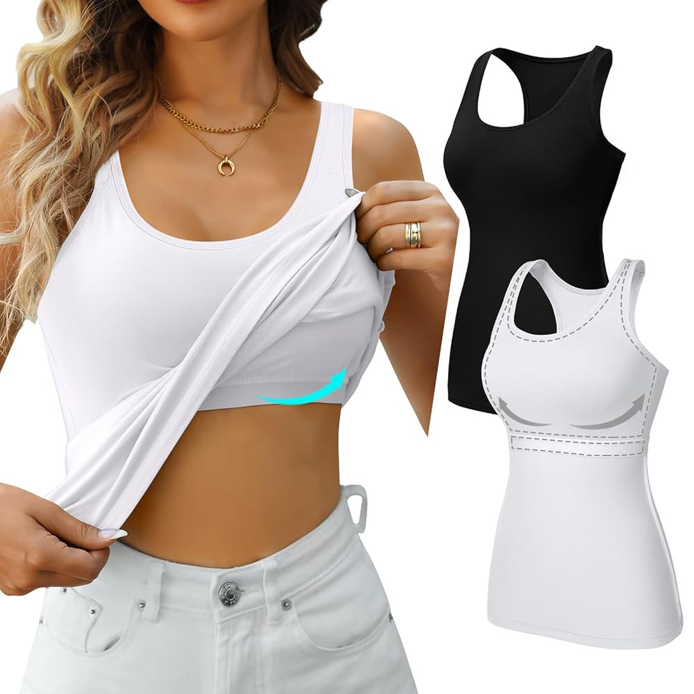 V FOR CITY Womens Shelf Bra Tank Tops Racerback Workout Camis Yoga Shirt Cotton Undershirt 2 Pack | Amazon (US)