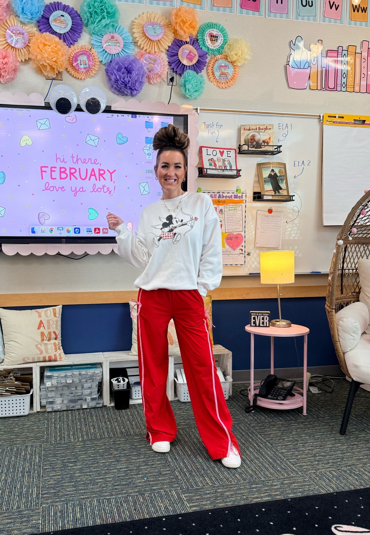 If you’re looking for a cute and comfy valentines outfit, this is it! This Mickey Cupid sweatshirt it’s so soft and comfortable, and of course I love the red track pants with the pink bow detail.

Target style, casual outfit, teacher, outfit, valentines outfit, Disney, Mickey Mouse, elementary teacher, red pants

#LTKmomlife #LTKValentine #LTKootd