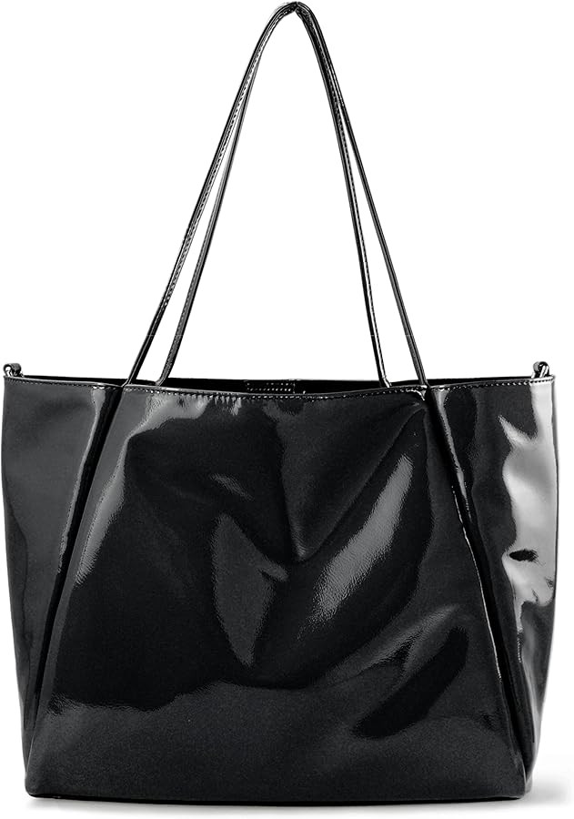 Shiny Patent Faux Leather Tote Glossy Shoulder Handbag for Women Convertible Purse (Black) | Amazon (US)