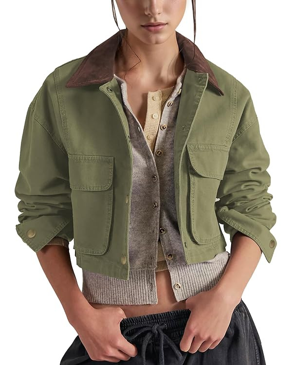 Barn Jackets for Women Contrast Collar Utility Coat Cargo Jacket Cropped Jacket with Pockets Outw... | Amazon (US)