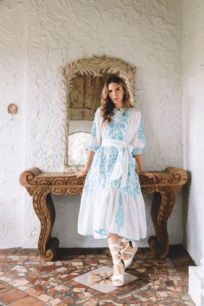 Jewel Neck Sue Sartor Flounce™️ | Ciel/White Embroidered Sultan Floral | SUE SARTOR
