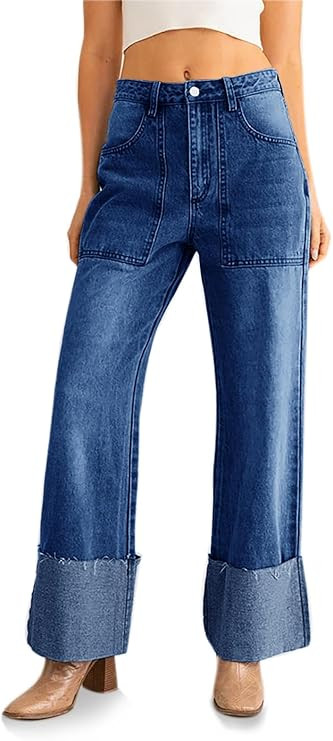 PLNOTME Womens Baggy Cuffed Jeans Casual Straight Leg Boyfriend Denim Pants with Pockets | Amazon (US)
