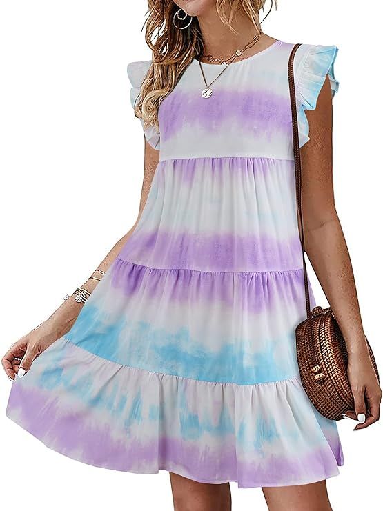 Imysty Womens Summer Mini Dress Casual Sleeveless Ruffle Sleeve Round Neck Flowy Pleated Babydoll... | Amazon (US)