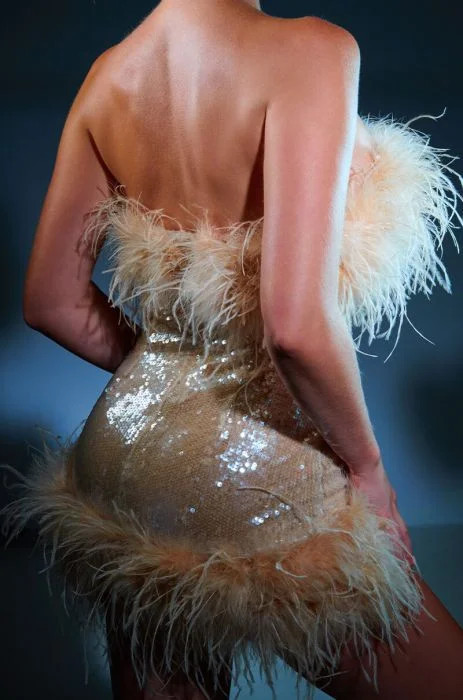 BON ANNIVERSAIRE FEATHER TRIM SEQUIN MINI DRESS IN BEIGE | AKIRA