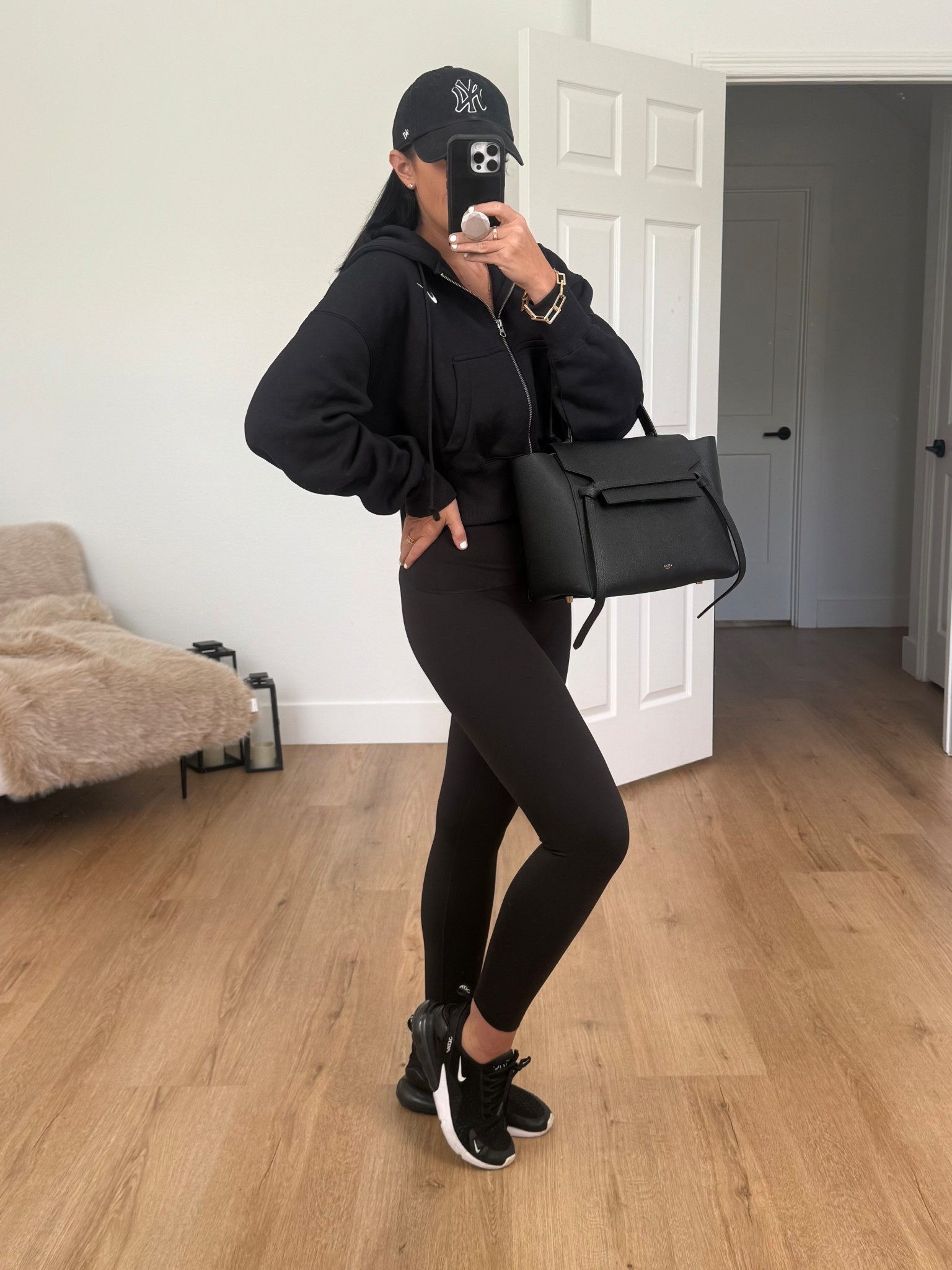 Nike Sportswear Phoenix Fleece Loose Full-Zip Cropped Hoodie wearing size small.Spanx Booty Boost leggings. Nike 270s sneakers