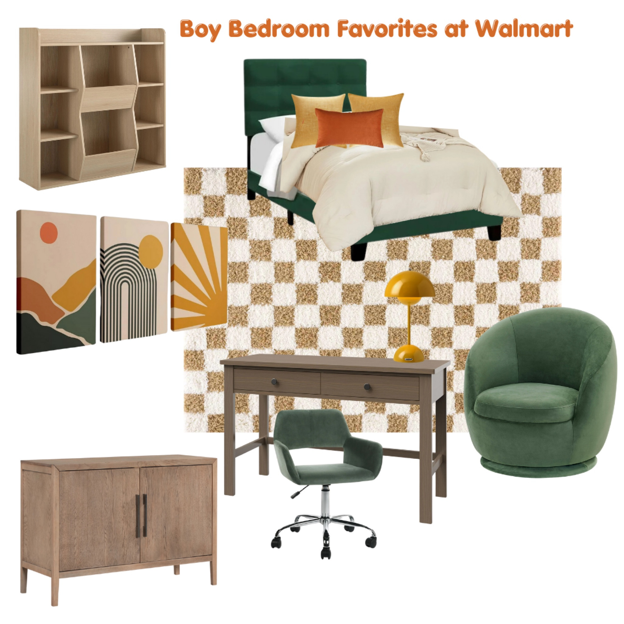Transforming a boy’s room with a trendy Forest Green, Mustard Yellow, and Cream color palette! Found the perfect pieces: a stylish bed, toy organizer, wall art, a sleek desk and desk chair, a cozy swivel chair, a cabinet for extra storage, and comfy bedding. All sourced from my favorite budget-friendly finds! Shop the look and elevate your kids’ space effortlessly! #LTKhome #BoysRoomDecor #BudgetFriendlyDecor #KidsRoomStyle #RoomMakeover #HomeDecor #StorageSolutions #LTKfinds #ShopMyHome #boysroom #boybedroom