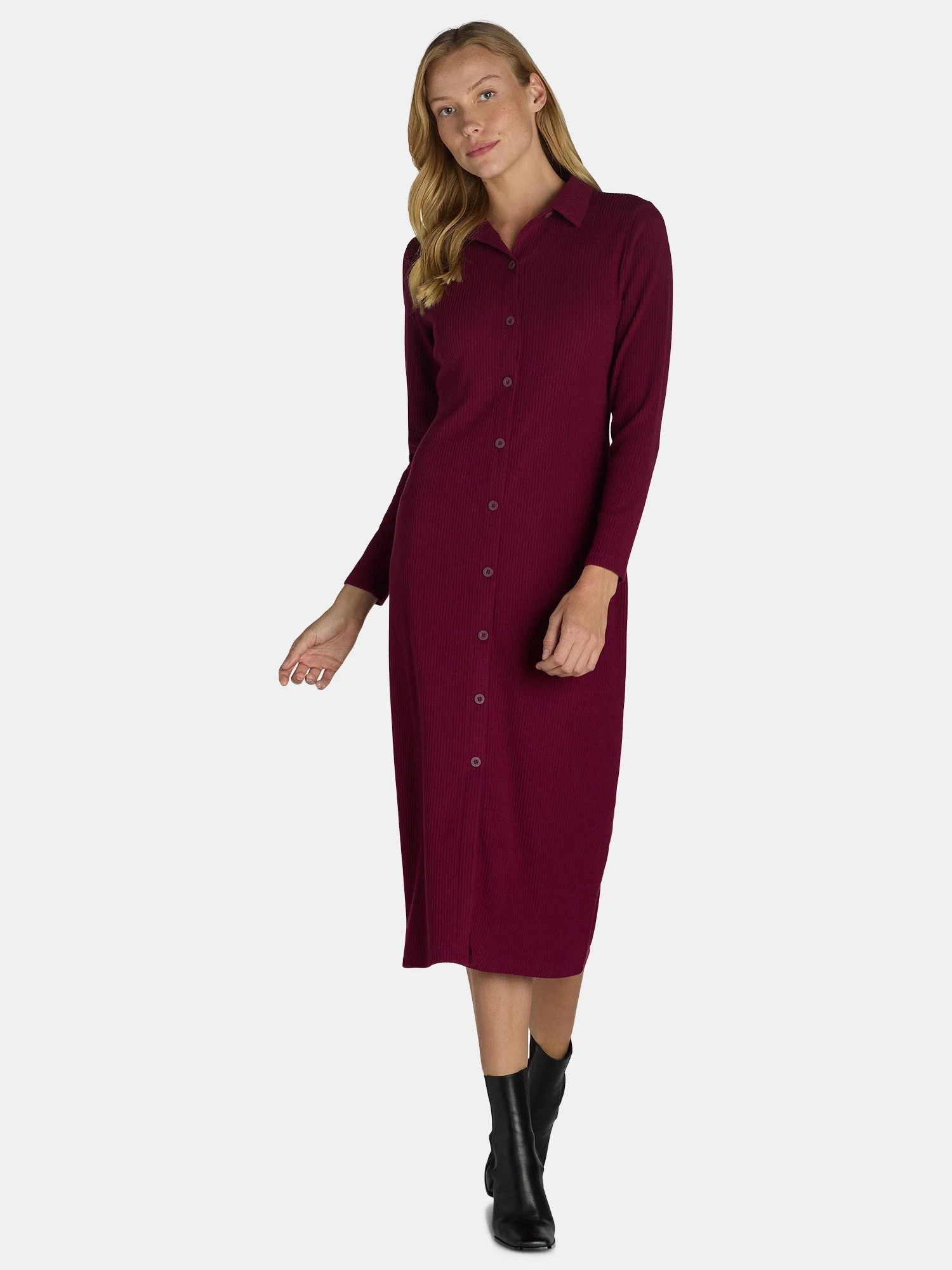 Time and Tru Women's Knit Midi Shirt Dress, Sizes XS-XXXL - Walmart.com | Walmart (US)