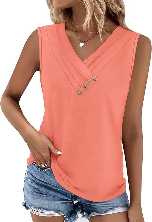 Sampeel Tank Top for Women Summer Button Down V Neck T Shirts Sleeveless Loose Fit Fashion Tops 2... | Amazon (US)