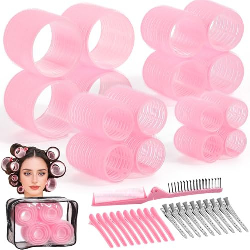 Obeoby 4 Sizes Rollers Hair Curlers for Women, 38 Pcs Set Hair Rollers Heatless 25mm 36mm 48mm 60mm Self Grip Hair Rollers with Clips, Curlers for Long Short Thick Thin Hair Bangs, Pink | Amazon (US)