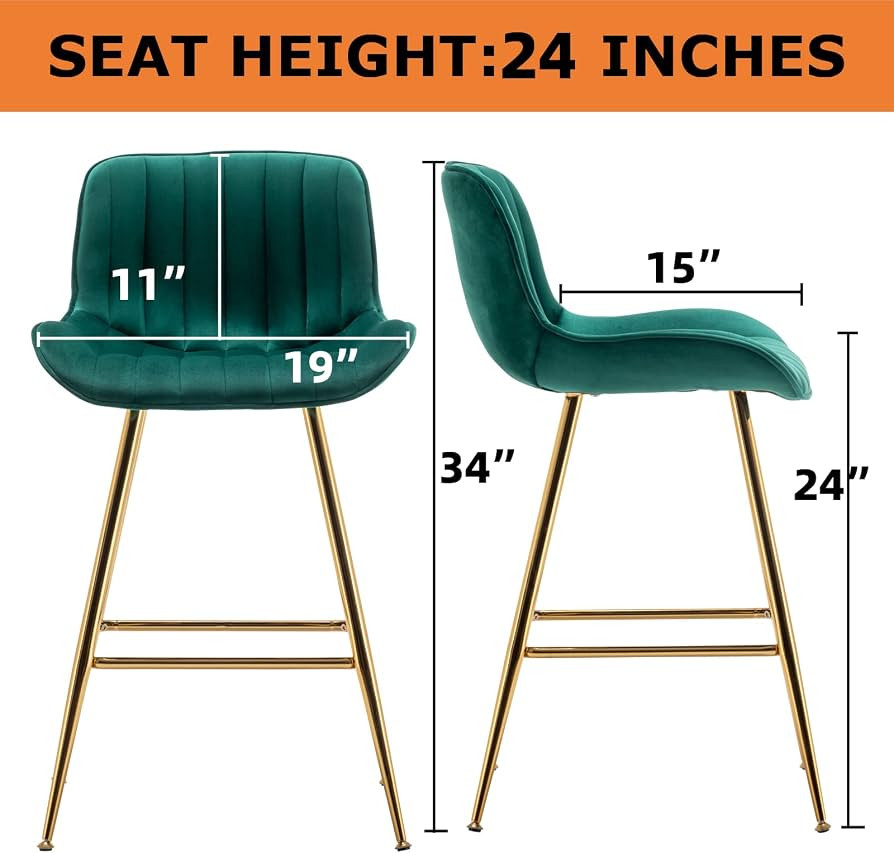 Sidanli Green Velvet Bar Stools-Set of 2, 24 Inch Bar Stools for Kitchen Counter. | Amazon (US)