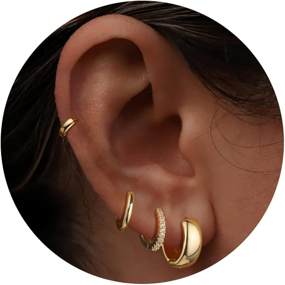 Gold Hoop Earrings Set for Women, 4 Pairs Chunky Stack 14k Gold Plated Huggie Hoop Earrings for W... | Amazon (US)