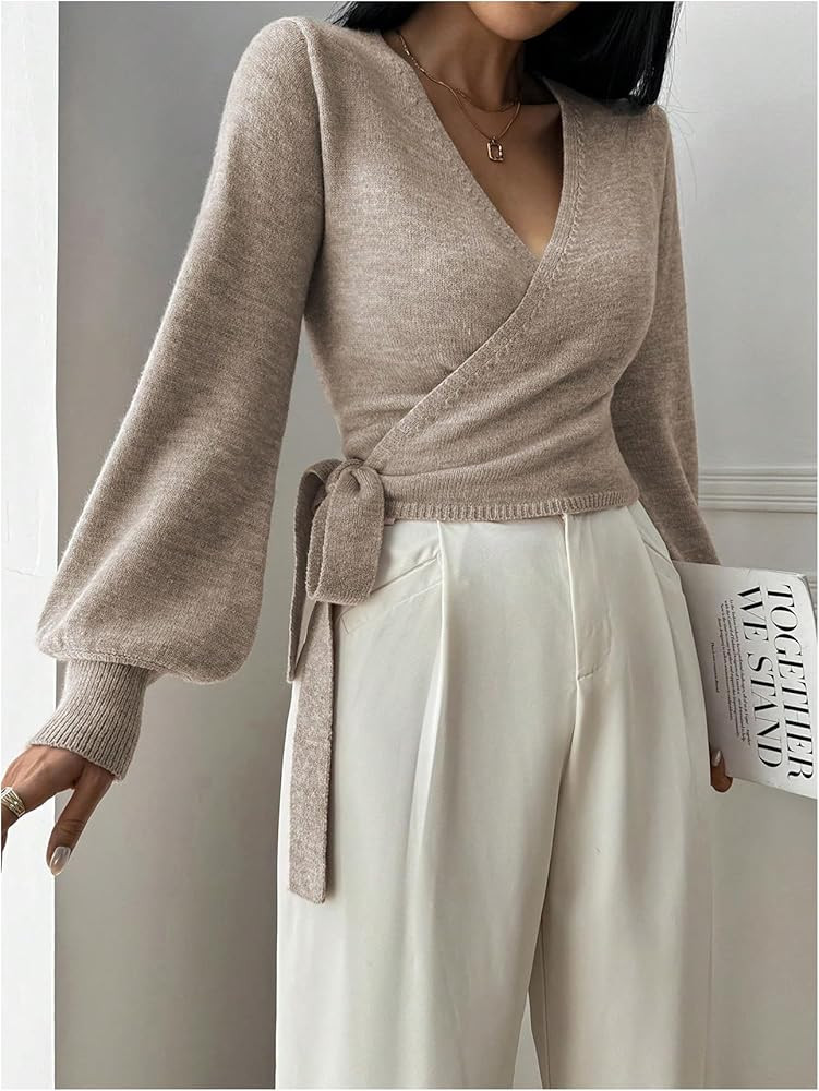 SHENHE Women's Casual V Neck Wrap Sweater Pullover Long Sleeve Slim Fit Knit Crop Top Sweater | Amazon (US)