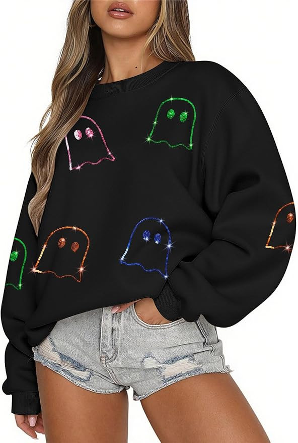 MAXIMGR Halloween Sweatshirts for Women Sequin Ghost Pumpkin Sweatshirt Funny Spooky Season Shirt... | Amazon (US)
