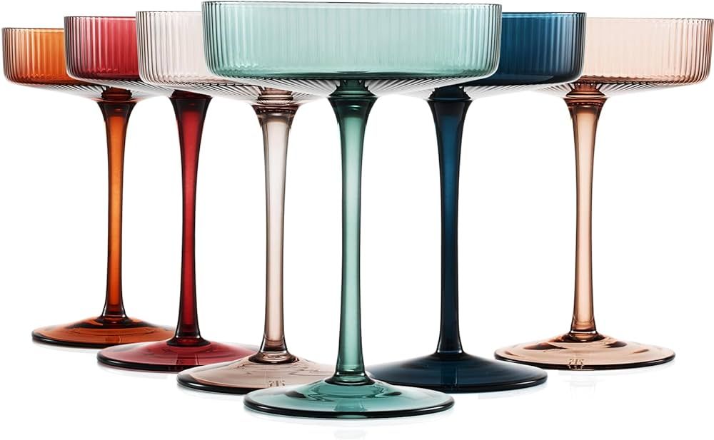 Colored Vintage Art Deco Coupe Glasses - Martini, Cocktail & Champagne Ribbed Glasses 7oz | Set o... | Amazon (US)