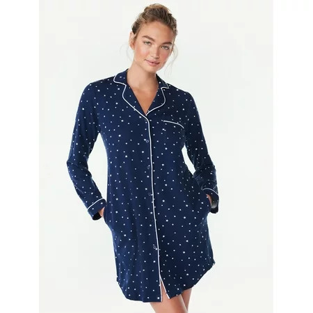 Joyspun Women’s Cotton Blend Long Sleeve Notch Collar Sleepshirt, Sizes S to 4X | Walmart (US)
