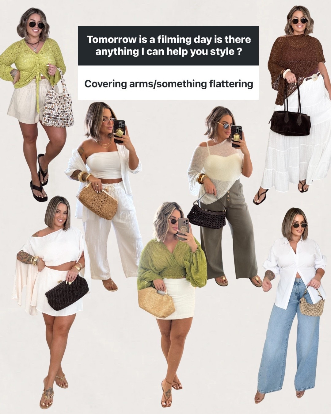 Green top L 
Linen shorts xl 
White pants xl ( size up ) 
White button down L 
Tube top L 
Amazon skirt set white xl 
Abercrombie skirt white L 
Jeans 12L 
White button up Walmart xl could have done L 
White maxi skirt L 
Brown tank L 
Green amazon pants xl 
Bra free tank Amazon L plus 
Anything not linked is old no links sorry