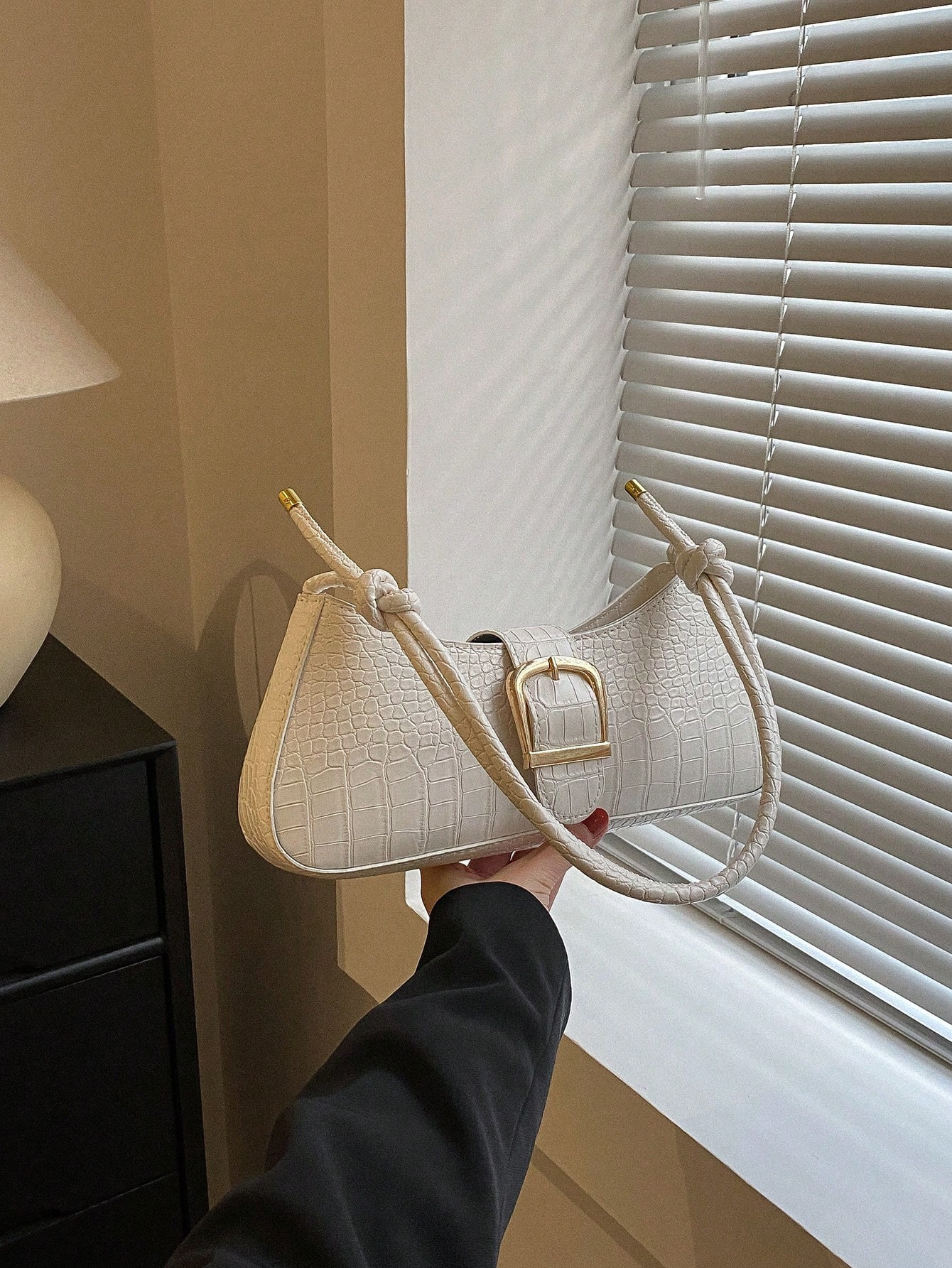 Crocodile Embossed Baguette Bag Beige Buckle Decor For Daily | SHEIN