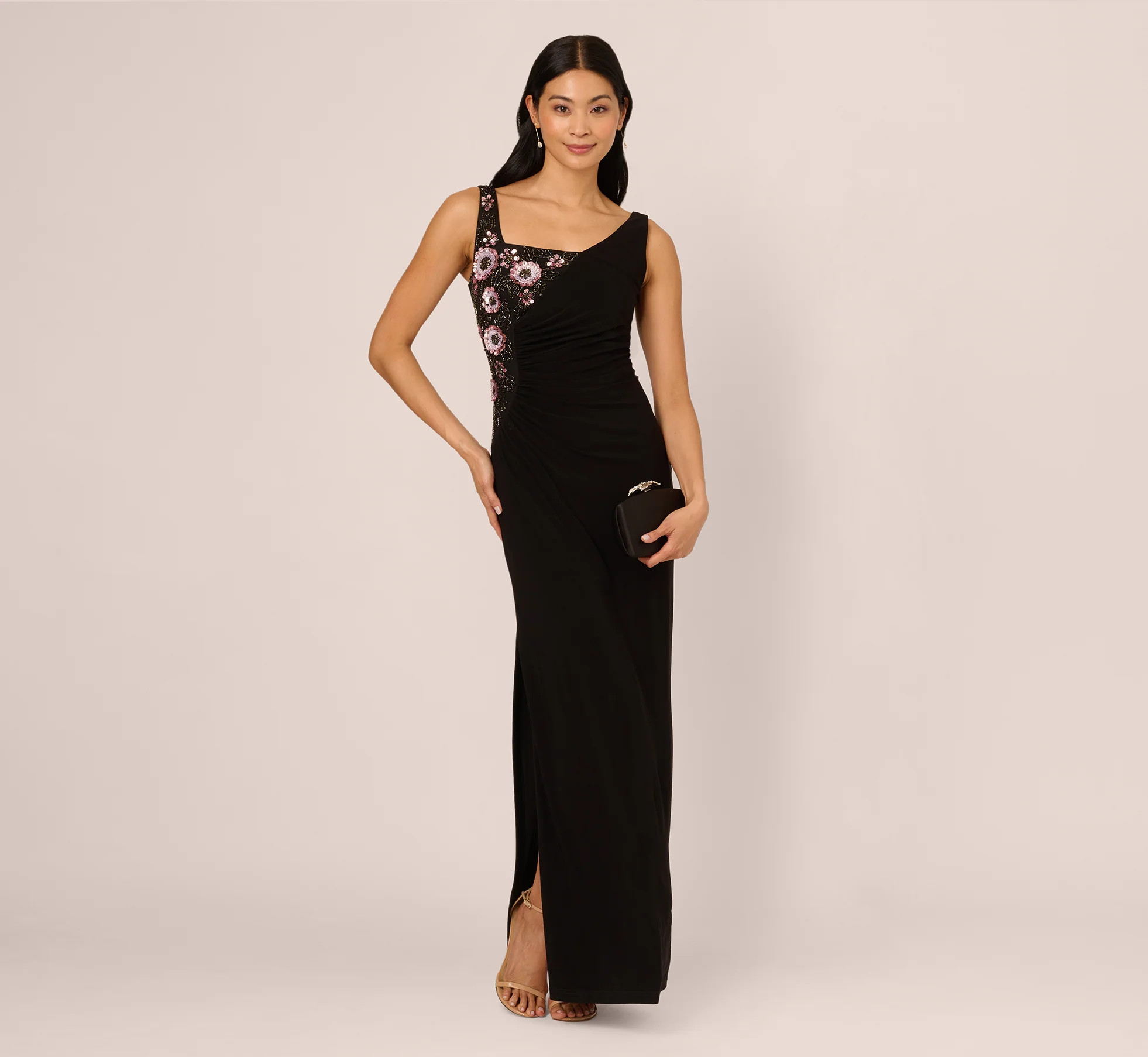 Sleeveless Asymmetrical Floral Beaded Jersey Gown In Black Multi | Adrianna Papell