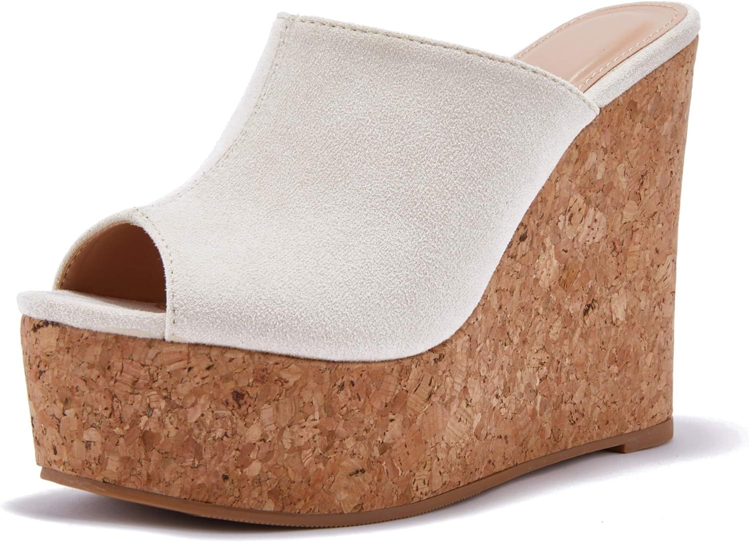 LAICIGO Womens Wedge Platform Slide on Sandals Open Toe Cork Faux Suede Dress Summer Slippers Sho... | Amazon (US)