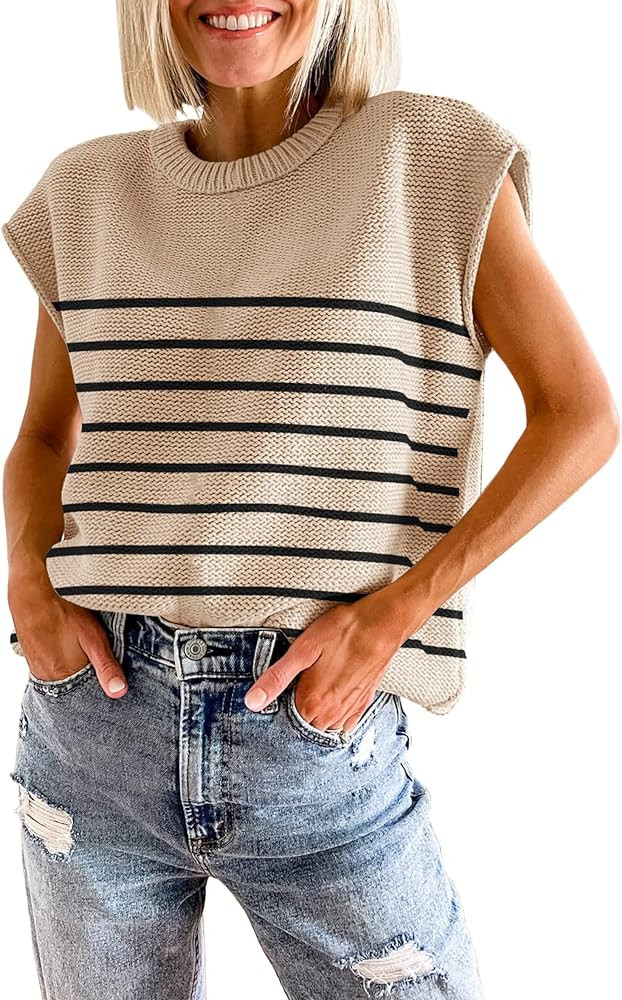 Womens Summer Sweater Vest Cap Sleeve Crew Neck Casual Loose Fit Knit Lightweight Pullover Tank T... | Amazon (US)