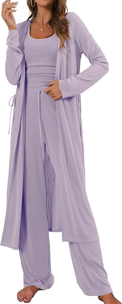 Women's 3 Piece Lounge Set Open Front Cardigan Pajamas Set | Amazon (US)