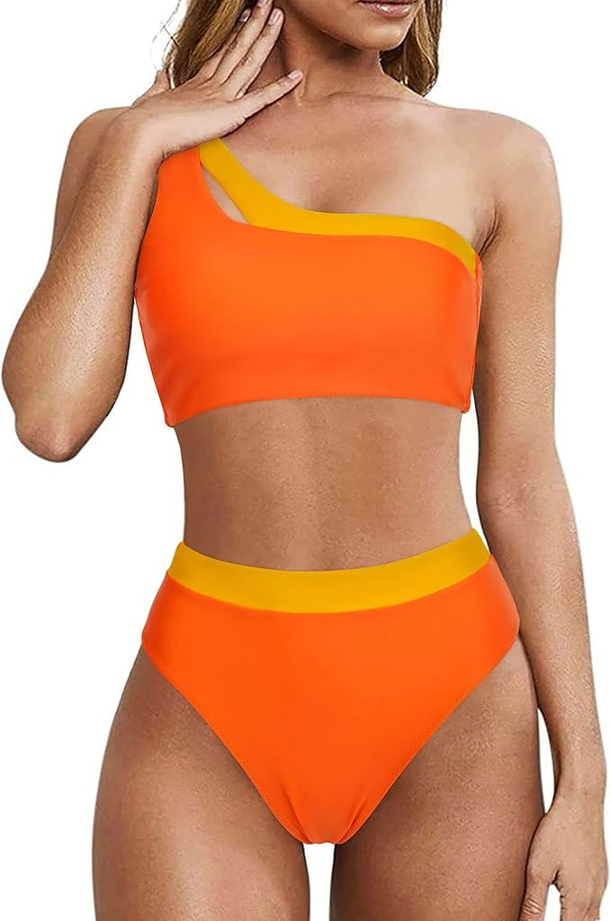 MOOSLOVER Women Cutout One Shoulder High Waisted Bikini High Cut Two Piece Swimsuits | Amazon (US)