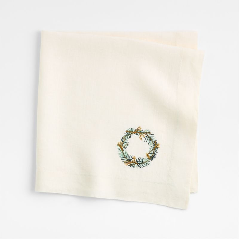 Marin Alba Ivory Embroidered Wreath European Flax -Certified Linen Dinner Napkin | Crate & Barrel | Crate & Barrel