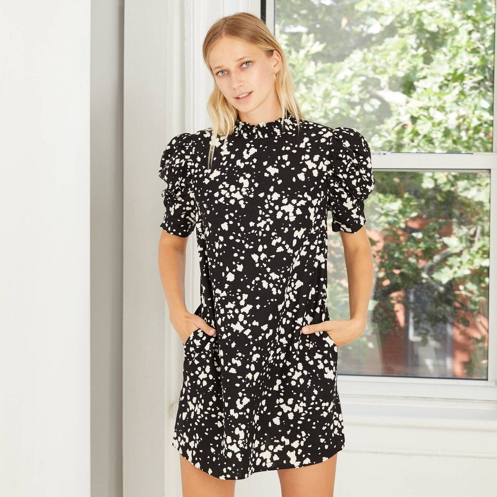 Women's Polka Dot Short Puff Sleeve Ruffle Dress - Who What Wear Black M | Target