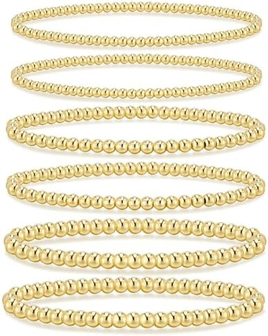 adoyi Gold Bracelets for Women Waterproof, 14K Gold Plated Beaded Strand Bead Ball Bracelets stac... | Amazon (US)