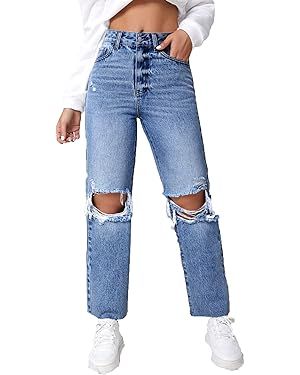 SweatyRocks Women's High Waist Ripped Distressed Cropped Jeans Straight Leg Denim Pants | Amazon (US)