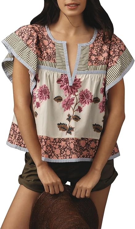 Womens Summer Floral Boho Tops Flutter Cap Short Sleeve V Neck Patchwork Y2K Peplum Babydoll Blou... | Amazon (US)